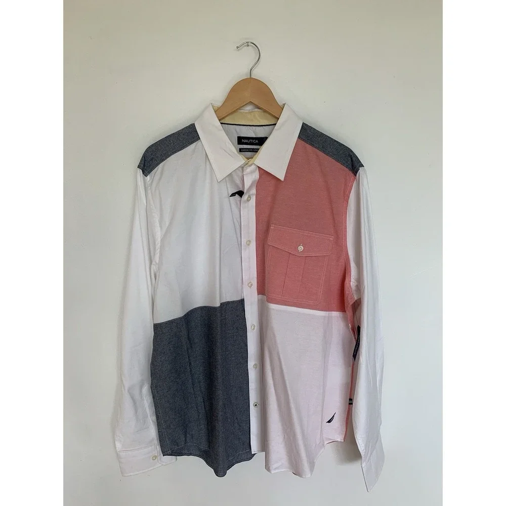 NWT‎ Nautica Button Up Shirt Men XL Embroidery Big Logo Color Block Finance Bro